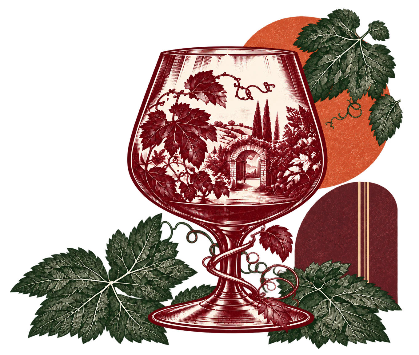 An engraved vineyard inside a wine glass with grape leaves, a terracotta sun, and a burgundy arch.